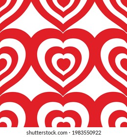Heart shape seamless pattern. Red white background, geometric repeating pattern for fabric textile. Red heart love romance Happy Valentine's Day. Vector illustration