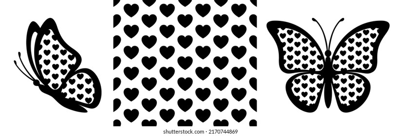 Heart shape seamless pattern and side view monarch butterfly. Creative valentine vector icon and seamless texture swatch background for decorative print design, greeting card, gift certificate