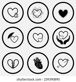 Heart shape set. Black and white set vector icons.