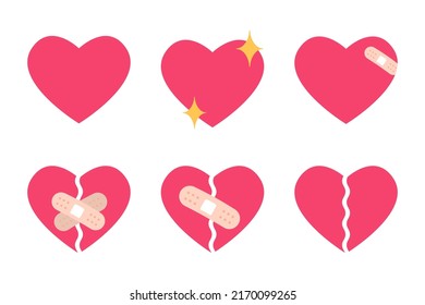 Heart shape set, broken heart and crack fixed with bandage. breakup and heartbreak symbol. 