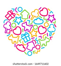 Heart shape set of design element in children's style. Geometric vector illustration isolated on white background. Cute template for notebook, cards, T-shirt, posters.