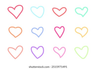 Heart shape set, hand drawn line hearts, vector illustration.