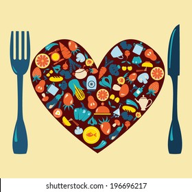 Heart shape set  of  kitchen related utensils , food and beverage - Illustration 