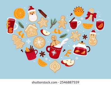 Conjunto en forma de corazón de bebidas de invierno y Navidades galletas de jengibre. Ilustración vectorial para la tarjeta de felicitación del día de fiesta, invitación, Anuncio, embalaje. 