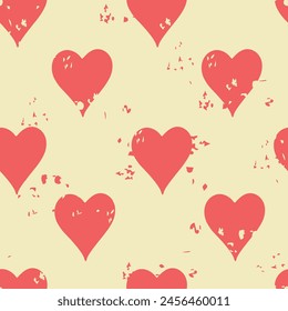 Heart shape shabby grunge seamless pattern. Colorful vintage texture with red love symbols. Repeat vector illustration retro style.