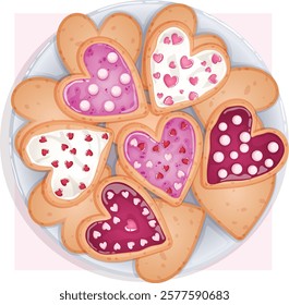 Heart Shape Shortbread Cookies with Jam and Cream Icing and Colorful Sprinkles Toppings. Valentine's Day Snacks Plate Top View.