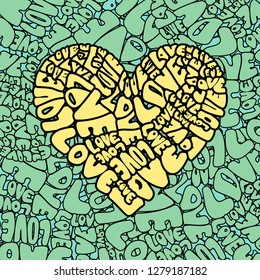 Heart shape sign made up of words LOVE on a green background in comic style.