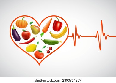 Heart shape silhouette with pulsating heartbeat line. Healthy food fruits and vegetables. Stock vector illustration.