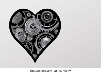 Heart shape with silver gears inside with copy space as technology AI concept design, 3d vector illustration.
