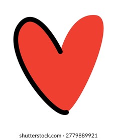 Heart shape sketched with bold outline, asymmetrical curve and rounded tip, cartoon style. Symbol of love, romance, care, affection, and kindness for cards and branding. Cartoon vector illustration.