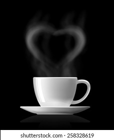 Heart Shape  With Smoke Over Warm Cup Of Coffee On Black Background