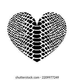 Heart shape with snake print texture. Abstract design element with wild animal reptile skin pattern. Vector black and white textured heart for fashion print design, tag, Valentines card.