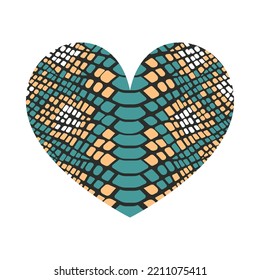 Forma cardíaca con textura de impresión de serpiente. Elemento de diseño abstracto con patrón de piel de reptil animal salvaje. Corazón de textura verde vectorial y amarillo para diseño de impresión de moda, etiqueta, tarjeta de San Valentín.