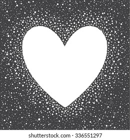 Heart shape snow frame with empty space for your text. Winter Valentines day template made of big snow heart with spots or flakes of various size. New Year, Christmas black and white background.