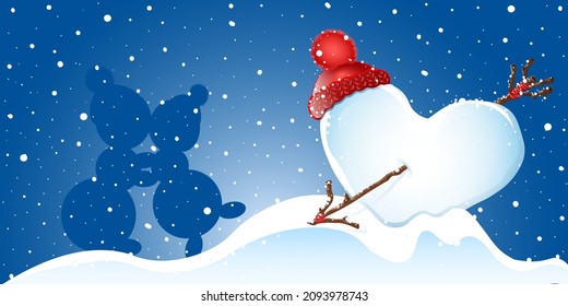 Heart shape snowball with arrow under snowfall. Kissing snowmans  in love silhouette. 