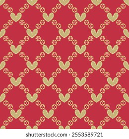 Heart shape with snowflake ornaments on red wallpaper. Seamless pattern. Vector.