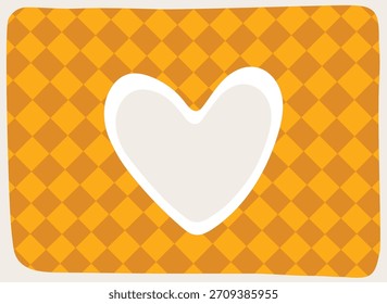 Heart shape with soft outline on a rounded rectangle check pattern, flat graphic style. Central love symbol on plaid backdrop rendered in clean cartoon lines. Cartoon vector illustration