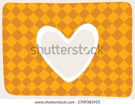 Heart shape with soft outline on a rounded rectangle check pattern, flat graphic style. Central love symbol on plaid backdrop rendered in clean cartoon lines. Cartoon vector illustration