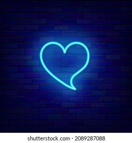Heart shape speech bubble neon icon. Happy Valentines Day. Outer glowing effect banner. Romantic holiday concept on brick wall. Luminous label. Editable stroke. Isolated vector stock illustration