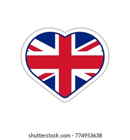 Heart shape sticker or label design for United Kingdom flag. Illustration for greeting cards, posters, patches and prints for clothes, flyers, emblems