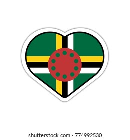 Heart shape sticker or label design for Dominica flag. Illustration for greeting cards, posters, patches and prints for clothes, flyers, emblems