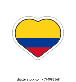 Heart shape sticker or label design for Colombia flag. Illustration for greeting cards, posters, patches and prints for clothes, flyers, emblems