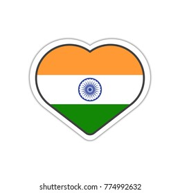 Heart shape sticker or label design for India flag. Illustration for greeting cards, posters, patches and prints for clothes, flyers, emblems