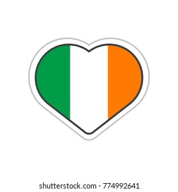 Heart shape sticker or label design for Ireland flag. Illustration for greeting cards, posters, patches and prints for clothes, flyers, emblems