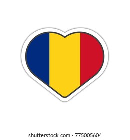 Heart shape sticker or label design for Romania flag. Illustration for greeting cards, posters, patches and prints for clothes, flyers, emblems