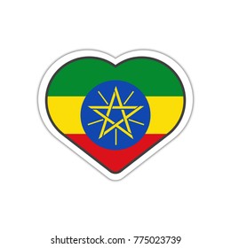 Heart shape sticker or label design for Ethiopia flag. Illustration for greeting cards, posters, patches and prints for clothes, flyers, emblems