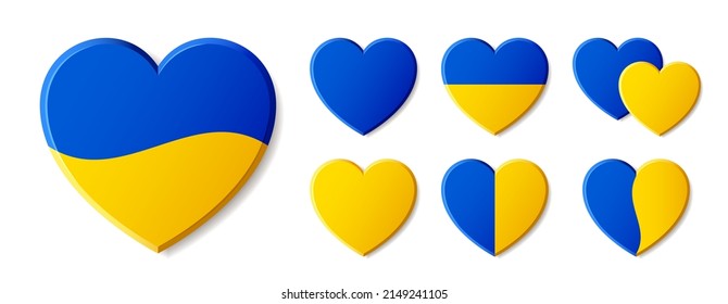 Heart shape stickers with flag colors of Ukraine and shadows isolated on white background. Vector design elements for decoration design. Modern concept is perfect for patriot sticker and icon