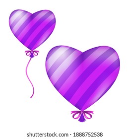 Heart shape striped balloon. Vector illustration of flying violet helium air ball with ribbon and bow isolated on a white background