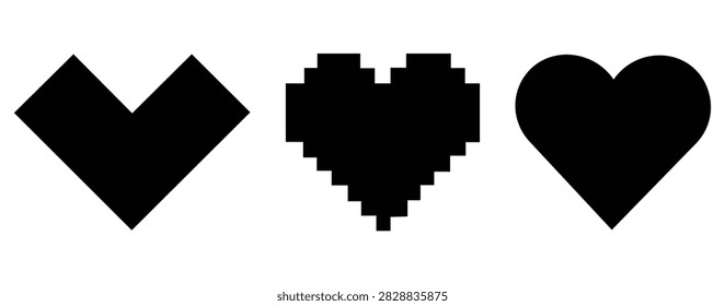 Heart shape style collection. Angular geometric heart, 8-bit pixel art heart, and smooth classic love heart icons. Icon set.
