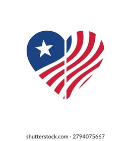 Heart shape with stylized American flag elements, star and stripes, on white