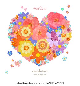 heart shape of stylized meadow flowers on white background. flying flowering. lovely poppies, daisies different colors. romantic card template for your design