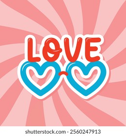 heart shape sunglasses with love word, Valentine party sticker, retro style vector illustration