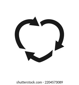 símbolo de forma cardíaca con flechas. Logo de reciclaje, signo de cuidado del medio ambiente. Icono de reciclaje en línea, glifo, estilo plano. Aplicable al paquete de productos ecológicos. Ilustración del vector