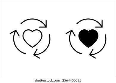 Heart shape symbol with arrows. Recycle logo, environment care sign. Recycle icon in line, glyph, flat style. Applicable for eco products package. Vector