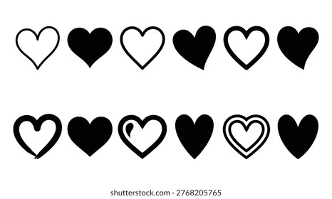 Heart shape symbol collection, minimalist flat monochrome set, romance, passion, attraction, affection, and love