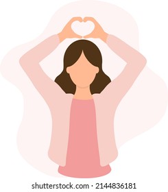 Heart shape symbol created with human hands. Female character feeling positive emotions. Girl woman with open heart. Love romantic message concept vector illustration. Love yourself concept. 