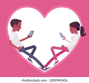 Heart shape symbol for love and long distance romantic relationship. Young black people being apart keep connection by smartphone, send text messages, chatting. Vector flat style cartoon illustration