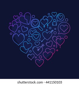 Heart shape symbol - vector love illustration made with linear hearts sign on dark blue background