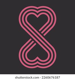 Heart shape symmetrical infinity pattern. 3 red stripes, black background. Double heart design, logo, symbol, icon. Vector illustration. svg