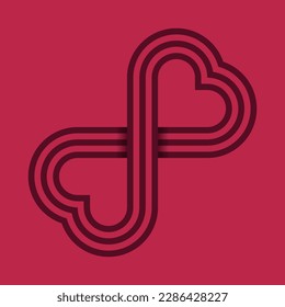 Heart shape symmetrical infinity pattern. 3 maroon stripes, red background. Double heart design, logo, symbol, icon. Vector illustration.