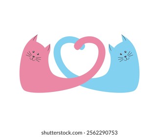 Heart shape from the tails of two cats in love, illustration for Valentines Day, on white background.