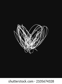 Heart shape tangled scribble white line on black background, abstract vector hand drawn illustration emotional love symbol