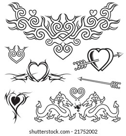 Diseño de tatuajes de forma cardíaca, vector blanco y negro.