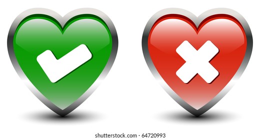 Heart Shape Tick & Cross Sign Icons