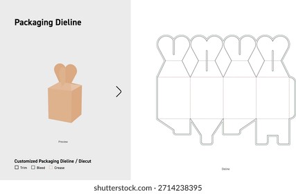 Caja de regalo plegable superior de la forma del corazón que empaqueta la Plantilla Dieline