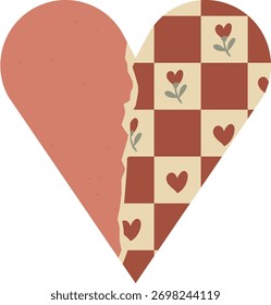 Heart shape with a torn paper effect and checkered pattern featuring small floral elements. The design combines textured surfaces and geometric motifs in a vintage style. Cartoon vector illustration.